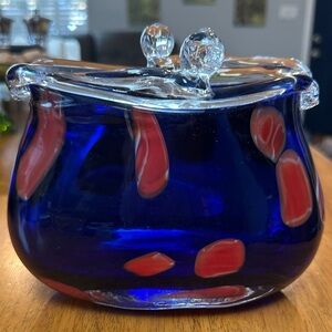 Block Handblown Cobalt Blue with Red Accents Purse Vase